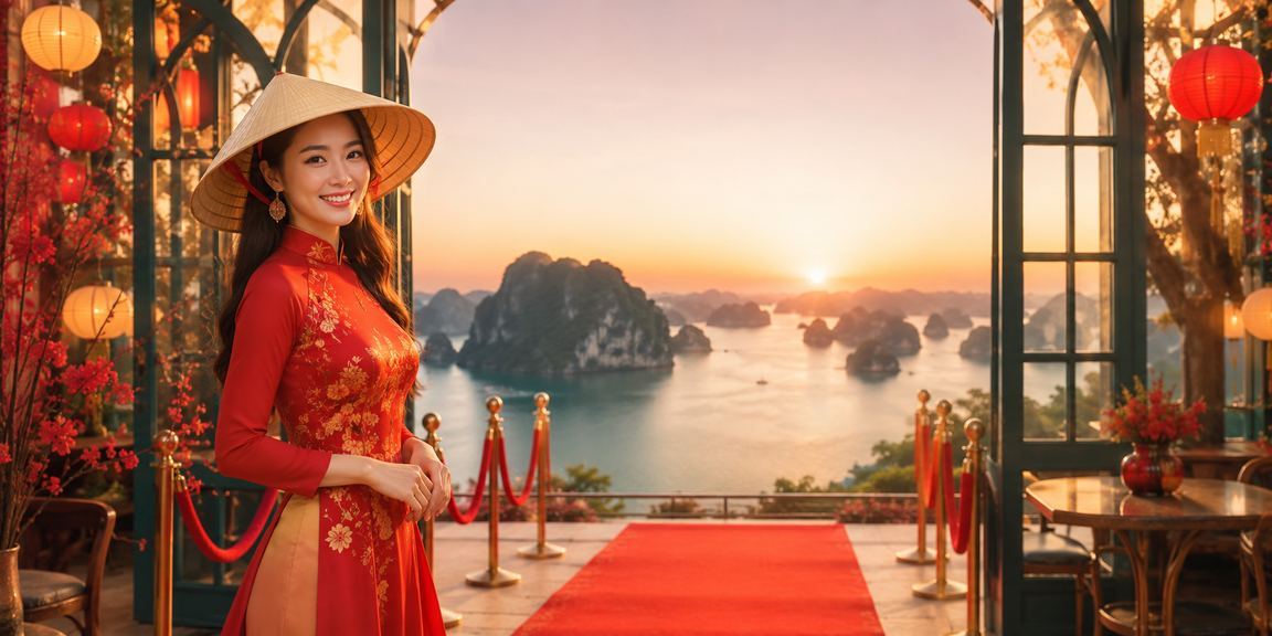 Phong cảnh vịnh Hạ Long kết hợp hình ảnh bài bản truyền thống Việt Nam gợi không khí casino trực tuyến