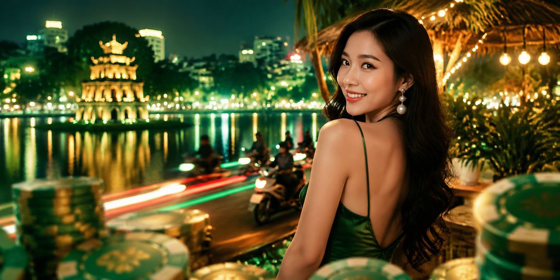 Đường phố Hà Nội về đêm với ánh đèn neon rực rỡ gợi không khí cá cược thể thao sôi động